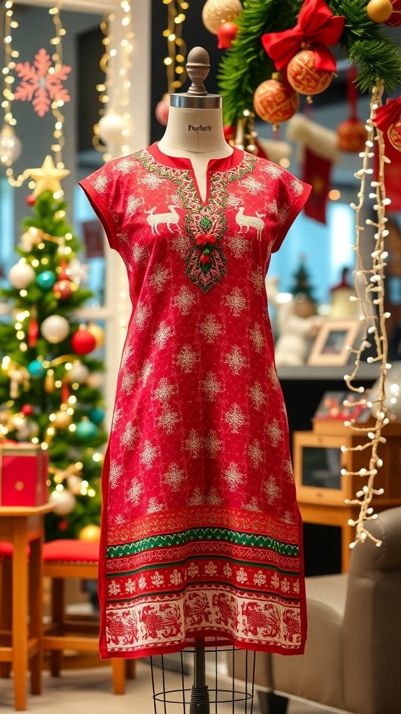 A colorful Christmas dress kurti with festive patterns displayed on a mannequin, surrounded by holiday decorations.